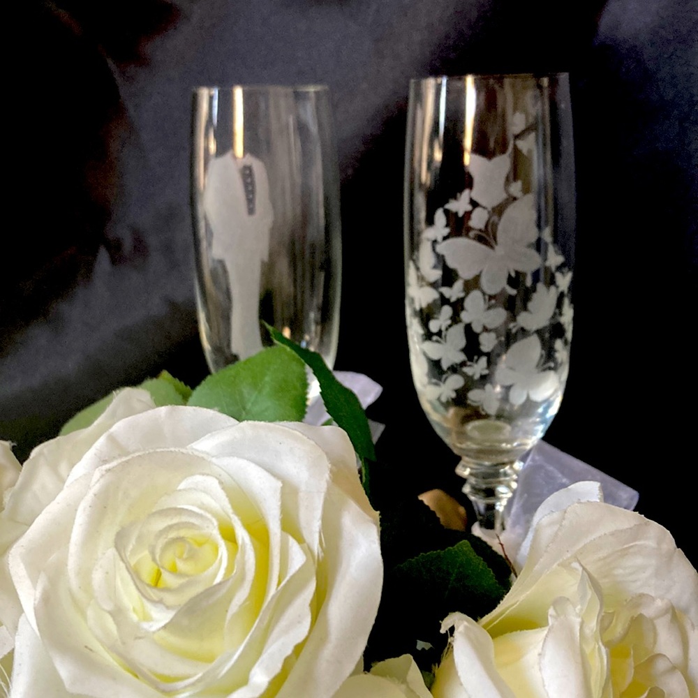 Pair of hand etched wedding flutes